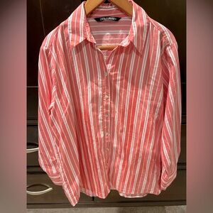 Zara Coral & White Striped Relaxed Button Down Shirt Size S Resort Coastal